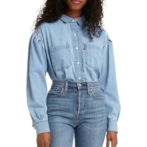 Levi's Kinsley Utility Top Button‎ Down Puff Sleeve Denim Shirt - Picture 1 of 16